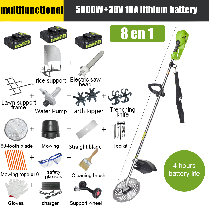 【8 em 1】5000 W, bateria de lítio 36 V 10 A * 3, duração da bateria 4 horas, cabeça de serra elétrica, faca de trincheira, faca de trincheira, bomba de água, lâmina de 80 dentes, cabeça de corte, corda de corte * 10, lâmina reta, roda de suporte, estrutura de suporte de relva, estrutura de arroz, conjunto completo de acessórios