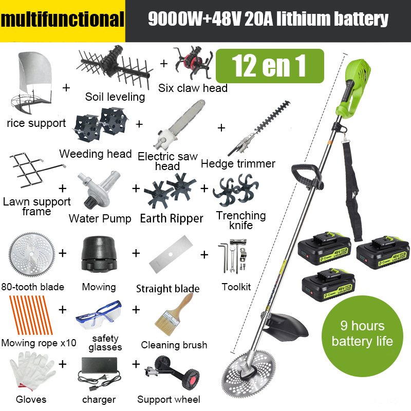 【12 em 1】Bateria de lítio de 9000 W, 48 V 20 A * 3, duração da bateria de 9 horas, cabeça de serra elétrica, cultivador, valetadeira, bomba de água, lâmina de 80 dentes, cabeça de cortador, corda de corte * 10, lâmina reta, roda de suporte, suporte de relva, suporte de arroz, aparador de sebes, cabeça de capina, cabeça de seis garras, nivelador, conjunto completo de acessórios